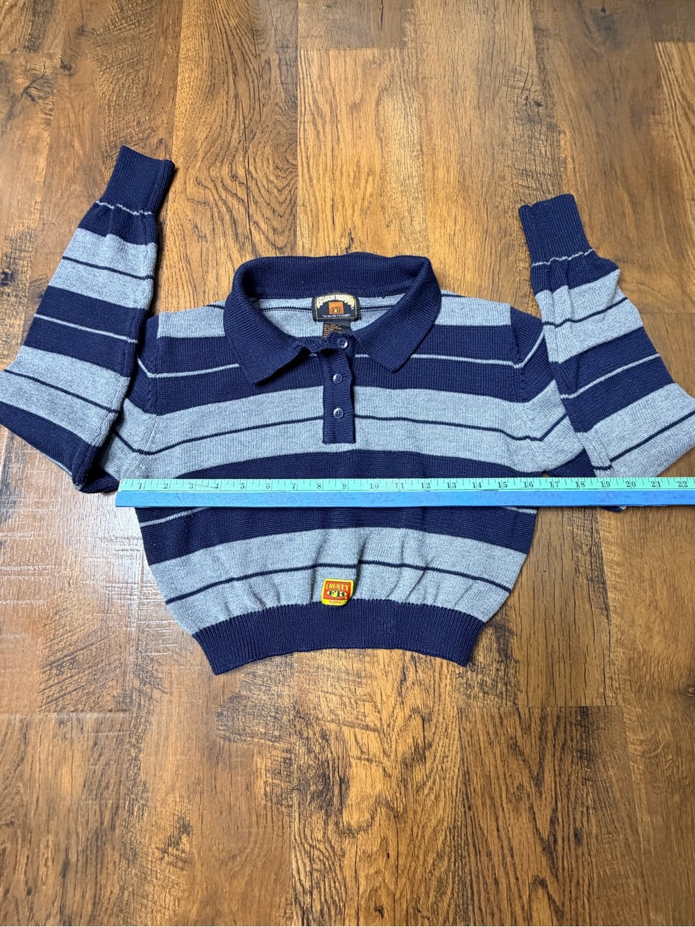 FB County Girl Cropped Knit Polo Sweater Size L Striped Navy Blue Gray - Picture 8 of 12